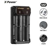 X Power Chargeur Accu 18650 21700 Chargeur rapide 2 Slots avec LED et cable USB-C grande compatibilité, housse de rangement