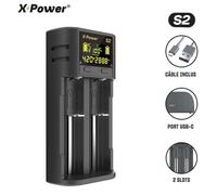 X Power Chargeur Accu intelligent 18650 21700 Chargeur 2 Slots, Écran LCD, cable USB-C, grande compatibilité, housse de rangement