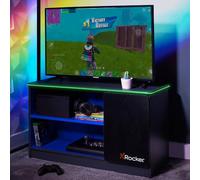 X-Rocker Carbon-Tek Meuble TV LED noir moderne à 4 étagères en MDF mat brillant Meuble de salon avec éclairage LED personnalisable pour éclairage d'ambiance, support TV de 106,7 cm - Gris/bleu