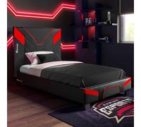X-Rocker Cerberus Lit de jeu simple - 90 x 190 cm - Cadre de lit à lattes en bois, tête de lit rembourrée en similicuir PU, pied de lit bas, idéal pour adolescents, enfants, enfants - Carbone rouge et