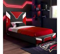 X-Rocker Cerberus Lit de jeu simple - 90 x 190 cm - Cadre de lit à lattes en bois, tête de lit rembourrée en similicuir PU, pied de lit bas, idéal pour adolescents, enfants, enfants - Rouge, noir,