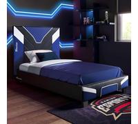 X-Rocker Cerberus Lit simple 90 cm, lattes en bois, tête de lit rembourrée PU, pieds bas, idéal ado/enfants, inspiré des jeux, bleu, 90 x 190 cm