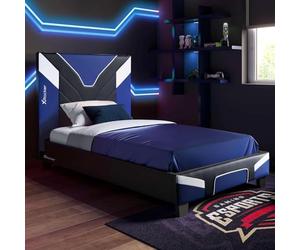 X-Rocker Cerberus Lit simple 90 cm, lattes en bois, tête de lit rembourrée PU, pieds bas, idéal ado/enfants, inspiré des jeux, bleu, 90 x 190 cm