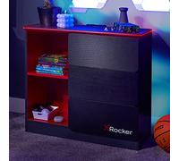 X-Rocker Commode noire, 3 tiroirs avec poignées intégrées et glissières en métal, bande d'éclairage LED RVB personnalisable pour éclairage d'ambiance, meubles de chambre d'enfant, jeux - Gris/rouge