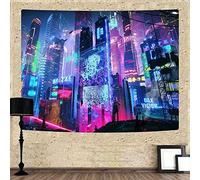 X-SISTER Tapisserie murale style punk paysage urbain japonais, vue nocturne, motif gratte-ciel, néon 230 x 180 cm, pour chambre à coucher, salon, dortoir, appartement TAX21733