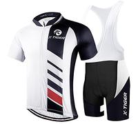 X-TIGER Maillot de Cyclisme Manches Courtes Homme avec Cuissard à Bretelle 5D Gel Rembourré,VTT Courtes Respirant Vêtements de Cyclisme Sports Shorts Pantalons avec Tee Shirt