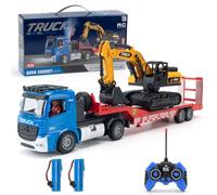 X-Verse Chariot à plateforme télécommandé 2,4 GHz et pelleteuse, tracteur à selle, avec son et lumières, convient aux véhicules de chantier pour garçons - 3 batteries (bleu)