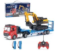 X-Verse Chariot à plateforme télécommandé 2,4 GHz et pelleteuse, tracteur à selle, avec son et lumières, convient aux véhicules de construction pour garçons, 3 batteries (rouge)