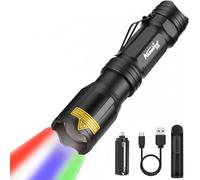 X004 4 Color Powerful Flashlight Multicolor Led Rechargeable Red/Green/Blue/White Zoomable Waterproof Torch Lamp With Lithium Battery, Charger For Camping Hiking Military