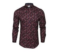 Xact Chemise à Motifs Floraux à Manches Longues pour Hommes - Coupe Slim (Navy/Burgundy) XL