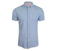 Xact Chemise Homme en Lin et Coton Uni, Col Boutonné, Manches Courtes, Coupe Ajustée (Blue) M