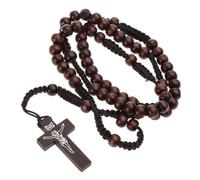 XAGMODSHN Chapelet en bois avec pendentif en forme de croix - Longue chaîne de perles - Pour décoration d'église de Noël