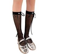 XAGMODSHN Chaussettes longues élégantes en soie rose coréenne avec nœud papillon et ruban pour femme, Noir , Taille unique