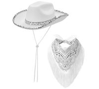 XAGMODSHN Ensemble chapeau de cowgirl + bandana élégant avec écharpe à pompons pour festival de musique, chapeau, rappeur, club, jeu de rôle, blanc, 59