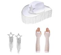 XAGMODSHN Ensemble de boucles d'oreilles avec chapeau de cowboy à franges pour femme et fille - Costume de festival de musique pour enterrement de vie de jeune fille