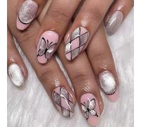 XAGMODSHN Faux ongles à coller à bout français œil de chat avec motifs papillons courts en amande pour femmes et filles