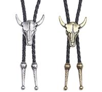 XAGMODSHN Lot de 2 cravates bolo à longueur réglable populaire, cow-boy, adolescents, hommes, femmes, cravates de danse gothiques, chemise gothique, pendentif tête de bœuf, boucle pendentif, cravate