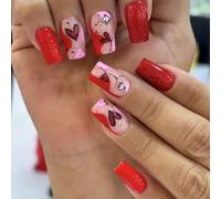 XAGMODSHN Lot de 24 faux ongles carrés à coller sur la Saint-Valentin avec paillettes en forme de cœur et d'avion en papier pour femme