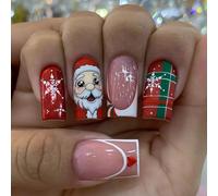 XAGMODSHN Lot de 24 faux ongles carrés au milieu avec motif Père Noël et pointes françaises Couverture complète Brillant