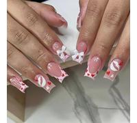 XAGMODSHN Lot de 24 faux ongles carrés au milieu avec pointes françaises et nœuds pour femme
