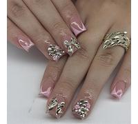 XAGMODSHN Lot de 24 faux ongles carrés courts à coller avec nœuds 3D pour un look tendance