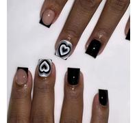 XAGMODSHN Lot de 24 faux ongles carrés courts à coller sur les ongles pour la Saint-Valentin Motif cœurs Noir/blanc