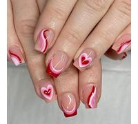 XAGMODSHN Lot de 24 faux ongles carrés courts avec cœur French Tip Nail Art Tips Saint Valentin