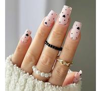 XAGMODSHN Lot de 24 faux ongles courts à pois - Couvrance complète - Élégants - À coller sur les ongles - Cœur noir
