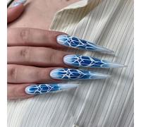XAGMODSHN Lot de 24 faux ongles élégants bleus longs pointus à coller sur les ongles en acrylique avec cœur rayé pour toutes les occasions