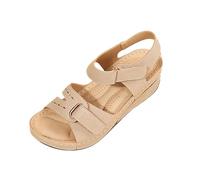 XAIODRAGONSKY Sandales compensées pour femme, sandales d'été habillées à bout ouvert, sandales compensées basses, sangle de cheville élastique, chaussures décontractées confortables, beige, 34 EU