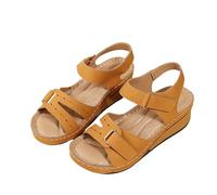 XAIODRAGONSKY Sandales compensées pour femme, sandales d'été habillées à bout ouvert, sandales compensées basses, sangle de cheville élastique, chaussures décontractées confortables, marron, 34 EU