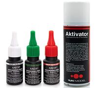 Xaiox Kit de colle instantanée - liquide fin, moyen, visqueux dans des bouteilles anti-UV et spray activateur.