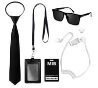 Xanllaxa Ensemble de costume d'agent 6 pièces - Accessoires de costume de services secrets avec lunettes de soleil noires, badge d'identification réglable, fermeture éclair pré-nouée, oreillette nouée
