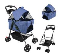 XANNI 2 en 1 Poussette Pliable pour Chien, Poussette pour Chien Chat avec Panier de Rangement et Porte-Gobelet, Roue avec Frein, Capacité de Charge 20 kg pour Petits Chiens et Chats (Bleu)