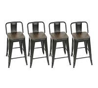 XANNI Lot de 4 Tabouret de Bar Industriel Rétro en Acier, Tabouret de Bar Style Industriel Rétro avec Dossier, Assise en Bois de Pin, Empilable, 150KG Capacité, pour Cuisine, Restaurant, Jardin