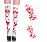 Xanthelle Halloween Socken, 2er Set de Chaussettes Ensanglantées Overknee & Courtes en Blanc, Accessoire Effrayant pour Costume d'Infirmière Femme Look Halloween