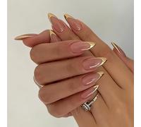 Xanthelle Set de 24 pièces, Press on Nails, forme goutte design français, ongles à coller, réutilisables, set d'ongles artificiels, rose or élégant
