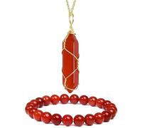 XAoSCd Ensemble De Bijoux En Agate Rouge Pour Femmes Et Hommes - Pendentif, Collier, Bague, Boucles D'Oreilles, Bracelet - Cadeau En Pierre Précieuse De Cornaline Naturelle (2 Pièces Cc)