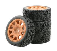 XAQRYQO RC Voiture Pneus Jantes pour WLtoys 144001 4 Pièces RC Voiture 68 Mm Pneus en Caoutchouc 1/18 1/16 1/10 pour Buggy Crawler on-Off Road Car De Rechange Remplacements(Orange,A)
