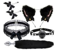 XBAQKEMT Femmes Costume Ensemble Renard Oreille Bandeau Queue Plug Cou Collier Et Clips Ensemble Costume Accessoires pour La Valentin Halloween (5 pcs) (Noir B)