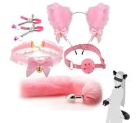 XBAQKEMT Femmes Costume Ensemble Renard Oreille Bandeau Queue Plug Cou Collier Et Clips Ensemble Costume Accessoires pour La Valentin Halloween (5 pcs) (Rose A)