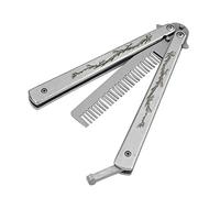 XBC Tech Couteau papillon d’entraînement, Balisong 100% acier inoxydable, Lame non aiguisée Pratique pliante Papillon formateur Couteau Peigne (Argent)