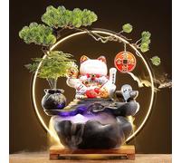 XBDLYQBD Indoor Tabletop Waterfall Fountain with Lucky Cat, LED Light Ring and Backflow Incense Burner, Decorative Desktop Water Feature for Home Office Meditation, Relaxing Zen Ornament