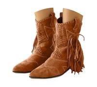 Xbemkste Bottes de cowboy pour femme avec pompons - Bottes classiques à tige centrale - Vintage - Bottes western - Bottes à franges - Bottes de cowboy décontractées pour femme - Bottes d'hiver, marron