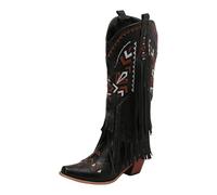 Xbemkste Bottes de cowboy pour femme - Avec pompons - Vintage - Longues bottes avec talon - Bout pointu - Bottes à franges - Bottes à enfiler - Bottes d'hiver pour femme, Noir , 37.5 EU
