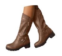 Xbemkste Bottes de cowboy pour femme avec talon, fermeture éclair latérale, boucle de ceinture en cuir, bottines mi-hautes, élégantes, antidérapantes, marron, 39 EU