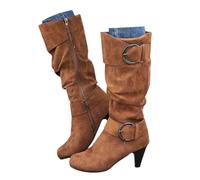 Xbemkste Bottes longues en daim pour femme - Boucle de ceinture - Bottes larges avec talon - Bottes western hautes - Bottes d'hiver élégantes, marron, 37.5 EU