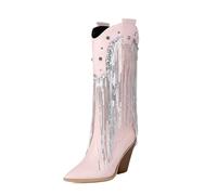 Xbemkste Bottes western à franges pour femme - Bottes de cowboy avec talon épais - Bottes d'hiver pour fête, concert, Rose, 40 EU