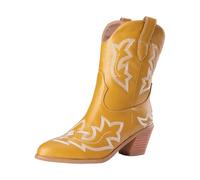Xbemkste Bottines de cowboy pour femme avec talon - Bottes western avec bout en dentelle et broderies - Bottines vintage mi-tige pour femme, jaune, 36 EU