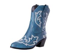 Xbemkste Bottines de cowboy pour femme avec talon - Bottes western avec bout en dentelle et broderies - Bottines vintage mi-tige pour femme, bleu, 36 EU